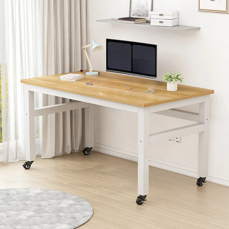 Natural Finish Standard Wood Computer Desk with casters Image - 1