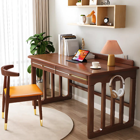 Natural Finish Standard Wood Writing Desk with Drawers Image - 1