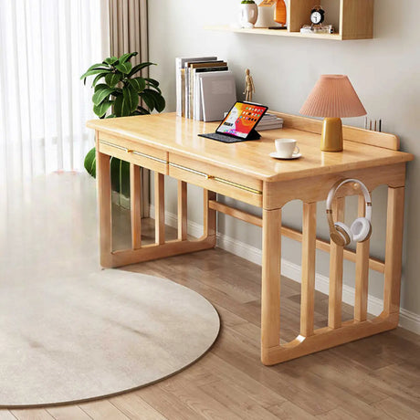 Natural Finish Standard Wood Writing Desk with Drawers Image - 2