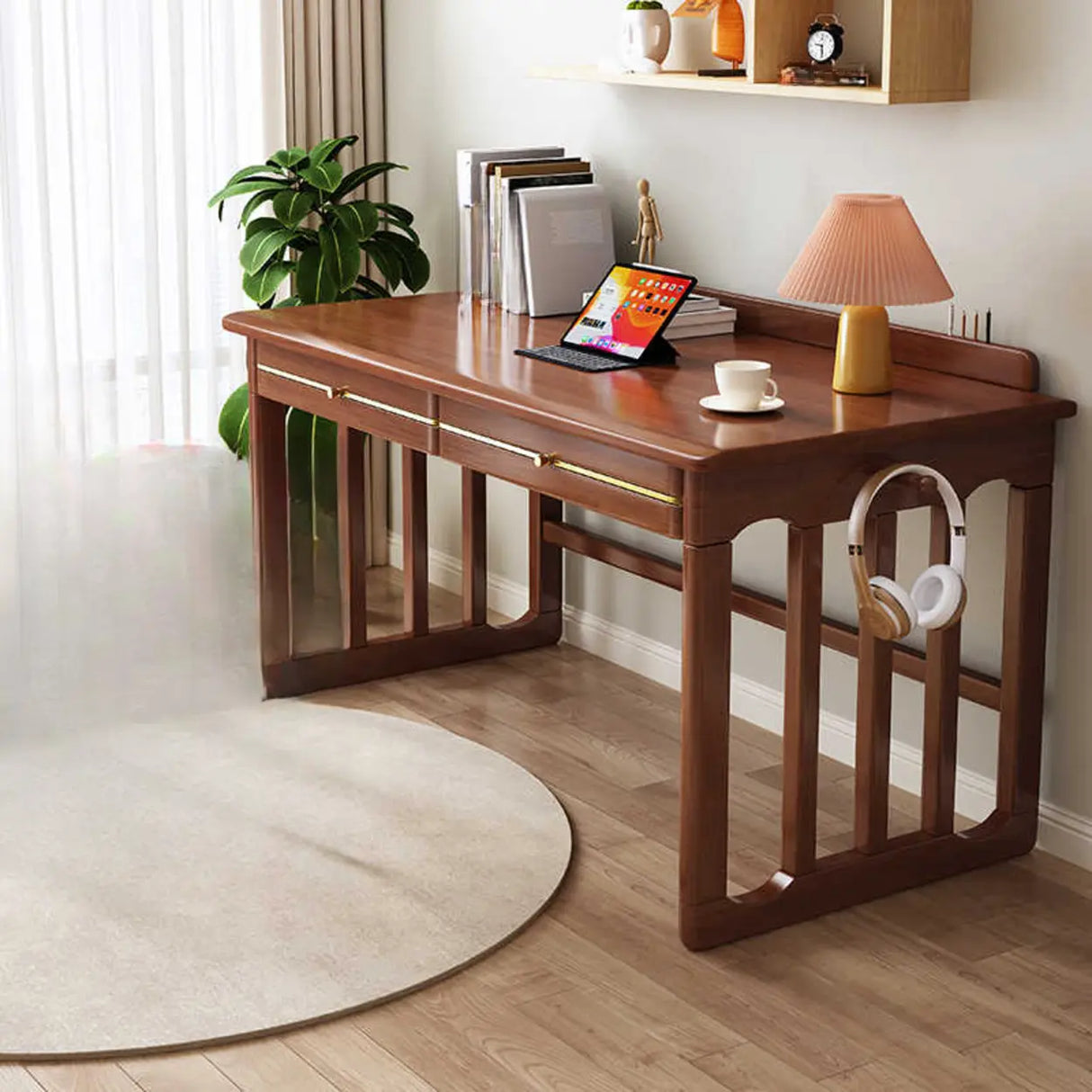 Natural Finish Standard Wood Writing Desk with Drawers Image - 3