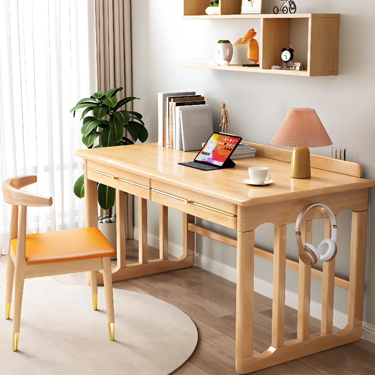 Natural Finish Standard Wood Writing Desk with Drawers Image - 4
