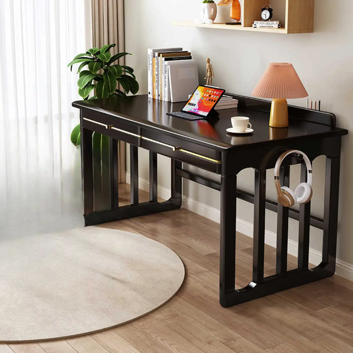 Natural Finish Standard Wood Writing Desk with Drawers Image - 5
