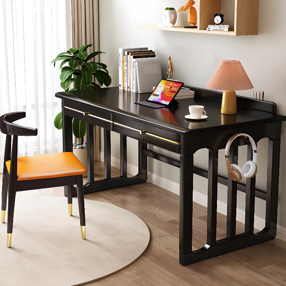 Natural Finish Standard Wood Writing Desk with Drawers Image - 6
