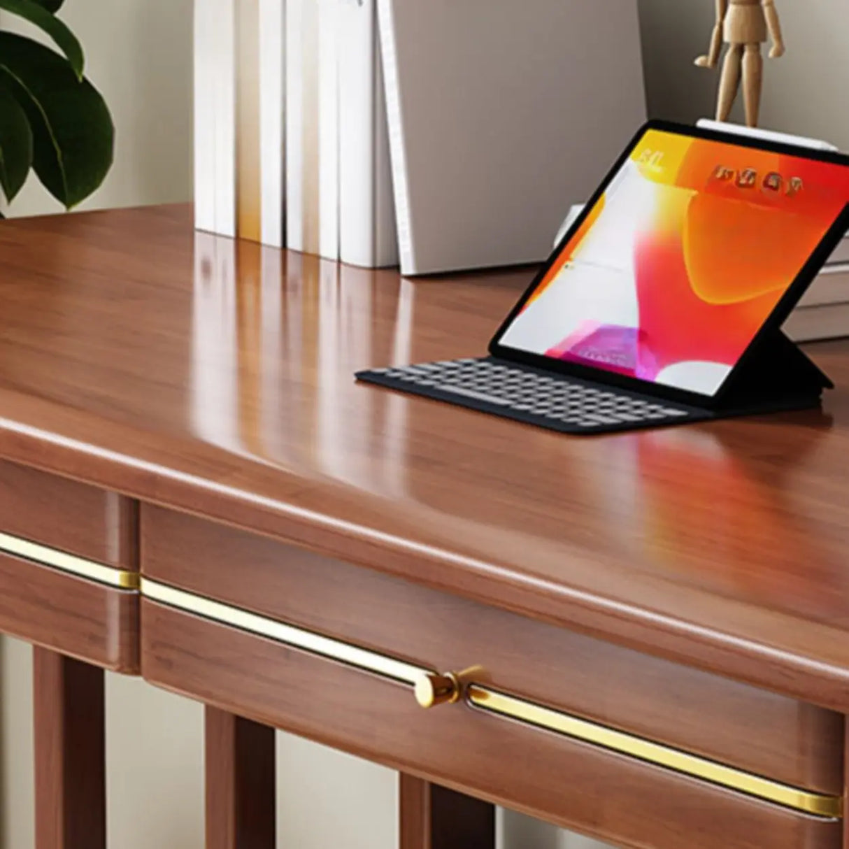Natural Finish Standard Wood Writing Desk with Drawers Image - 7