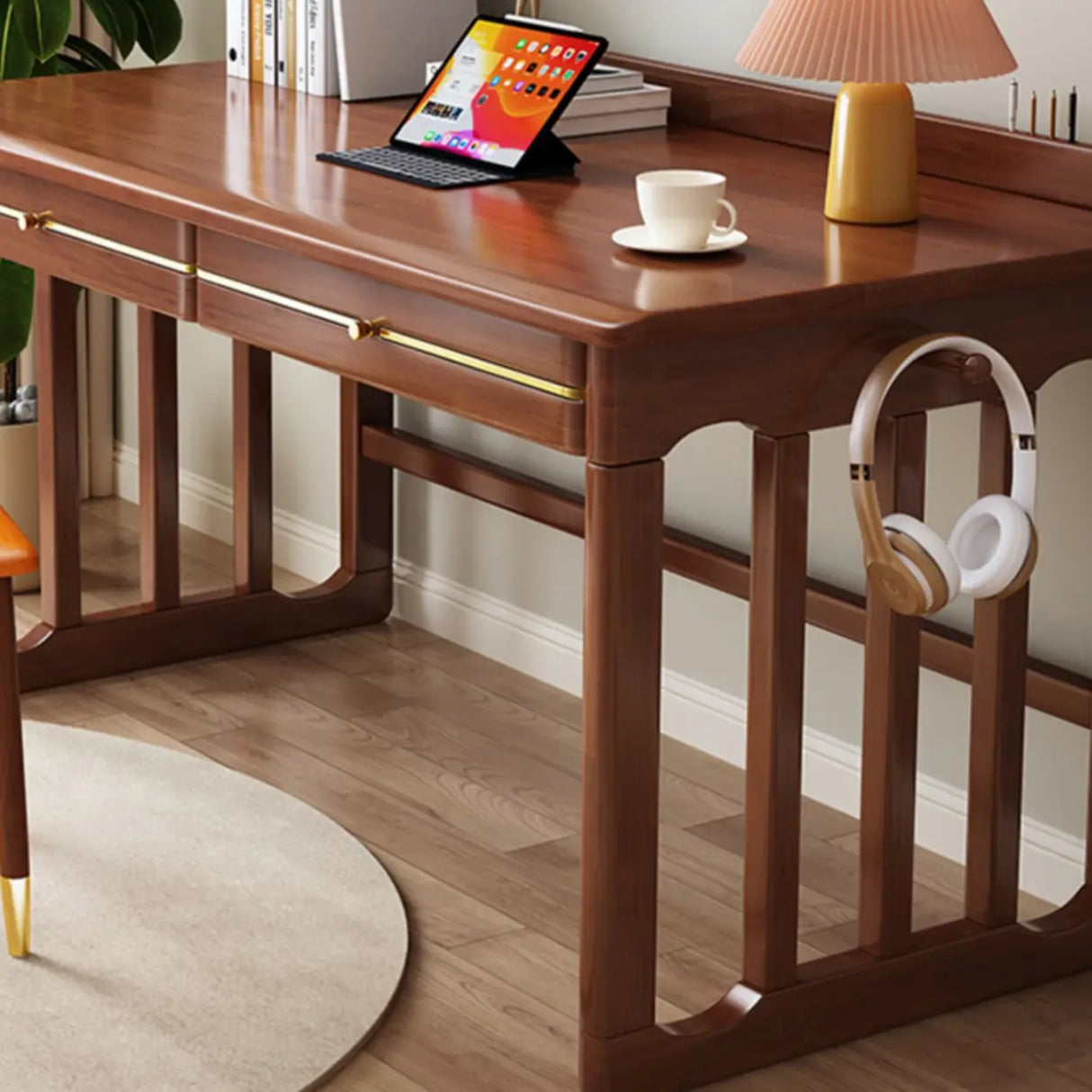 Natural Finish Standard Wood Writing Desk with Drawers Image - 9