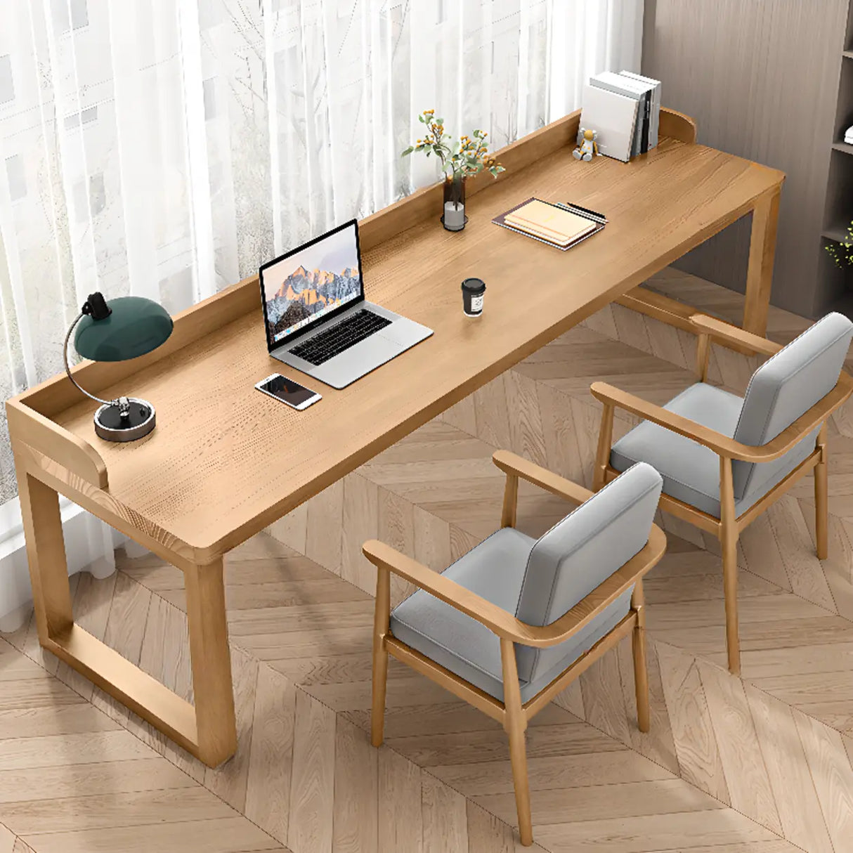 Natural Finish Standard Wooden Double Writing Desk Image - 3