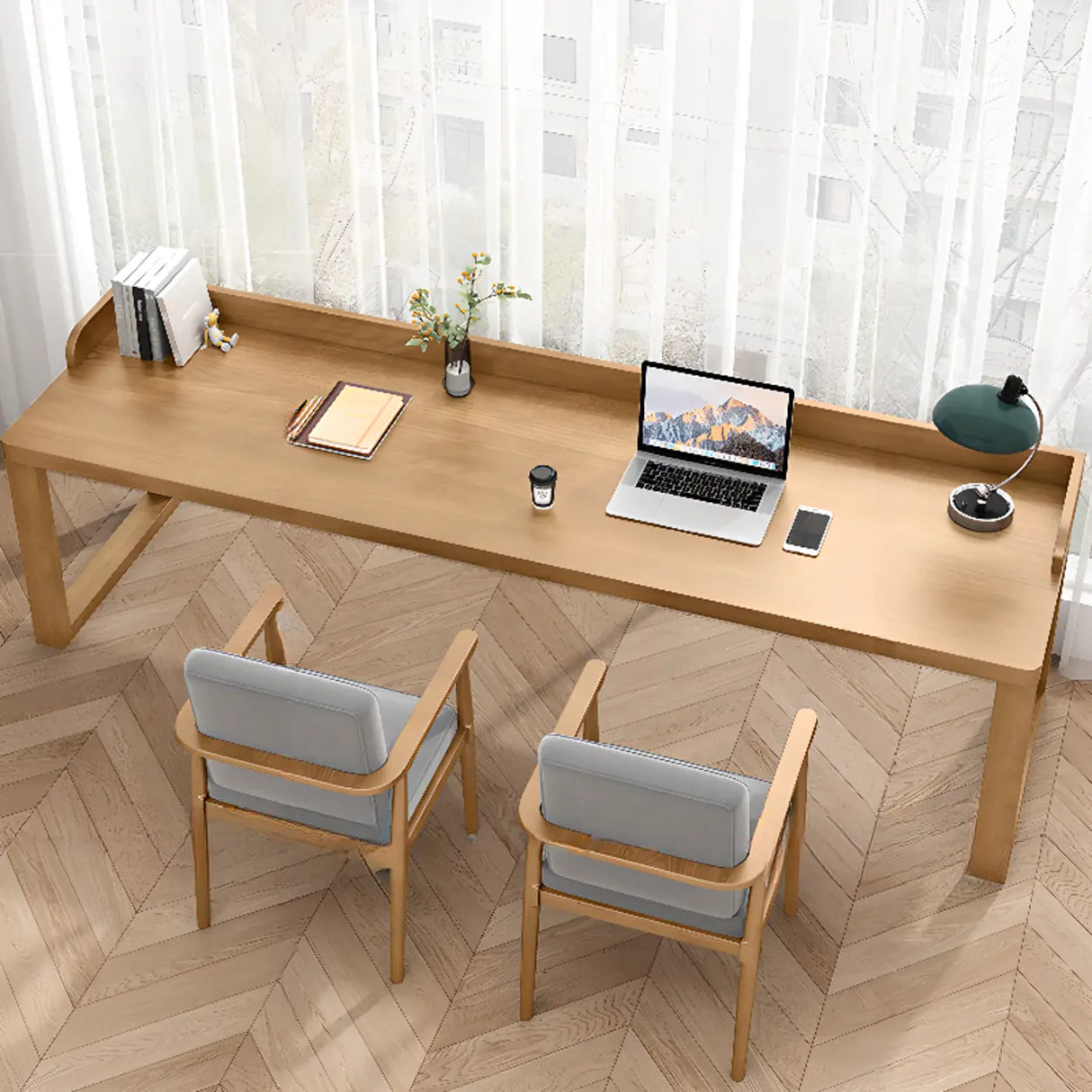 Natural Finish Standard Wooden Double Writing Desk Image - 4