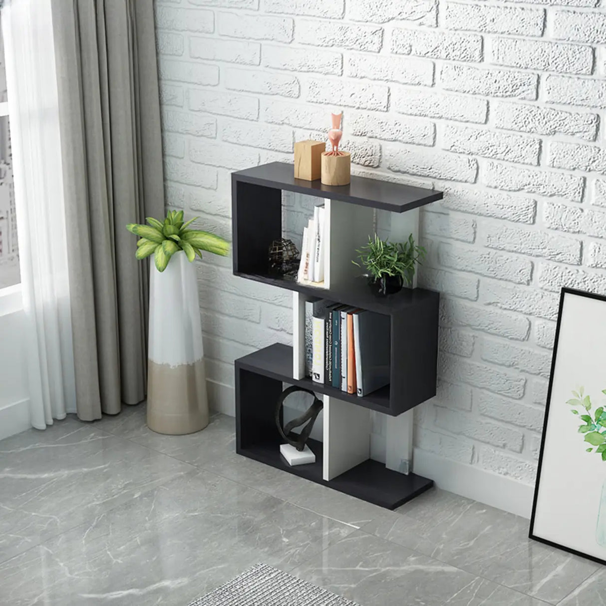 Natural Finish Stylish Tiered Open Geometric Bookshelf Image - 10