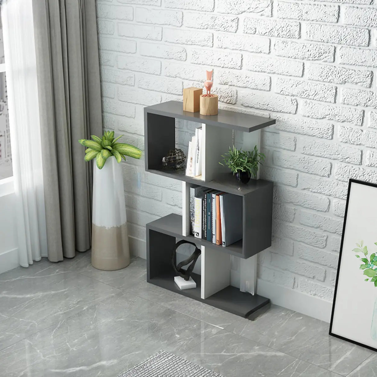 Natural Finish Stylish Tiered Open Geometric Bookshelf Image - 11