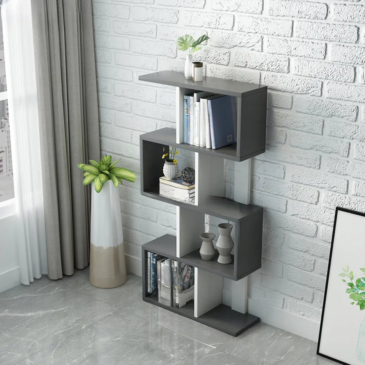 Natural Finish Stylish Tiered Open Geometric Bookshelf Image - 21