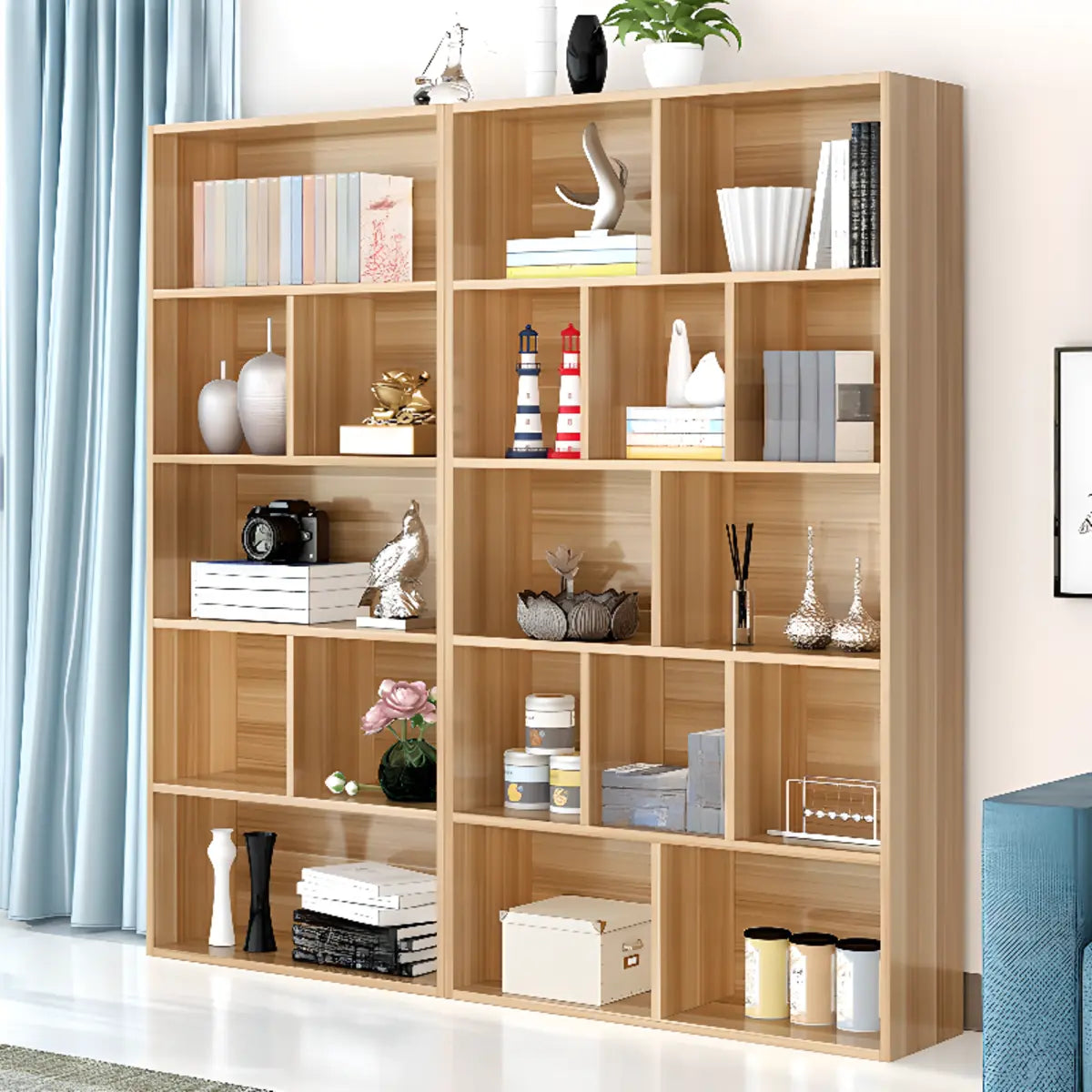 Natural Finish Vertical Modish Wood Barrister Bookcase Image - 2