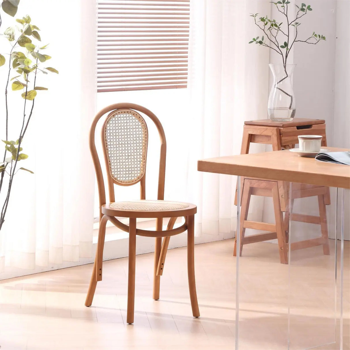 Natural Finish Windsor Back Wood Woven Dining Chair Image - 3