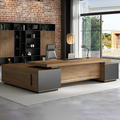 Natural Finish Wood Deep Width L-Shape Executive Desk Image - 1