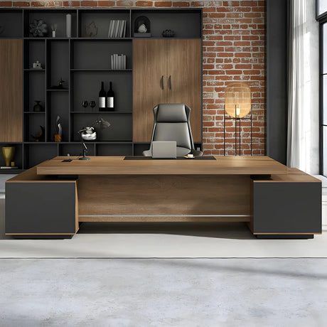 Natural Finish Wood Deep Width L-Shape Executive Desk Image - 2