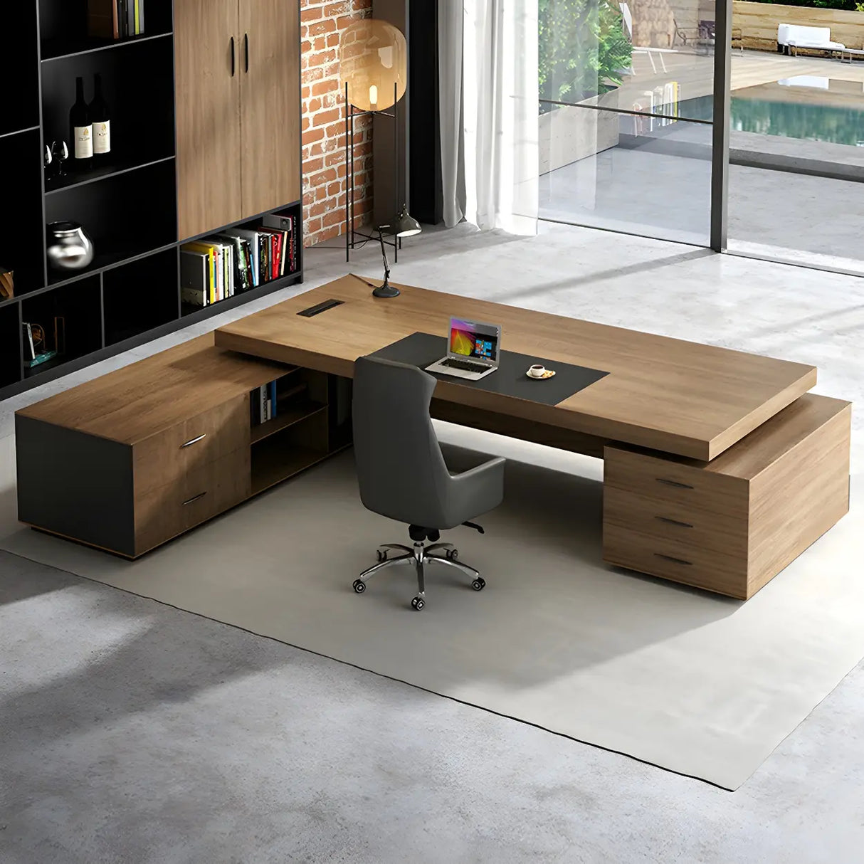 Natural Finish Wood Deep Width L-Shape Executive Desk Image - 3