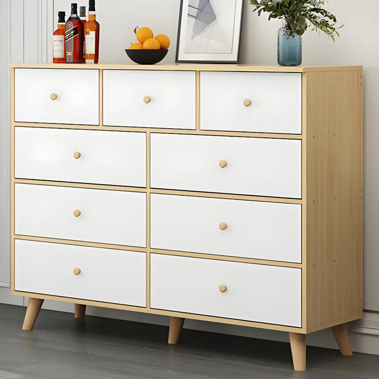 Natural Finish Wood Dresser for Nine Drawers Image - 1