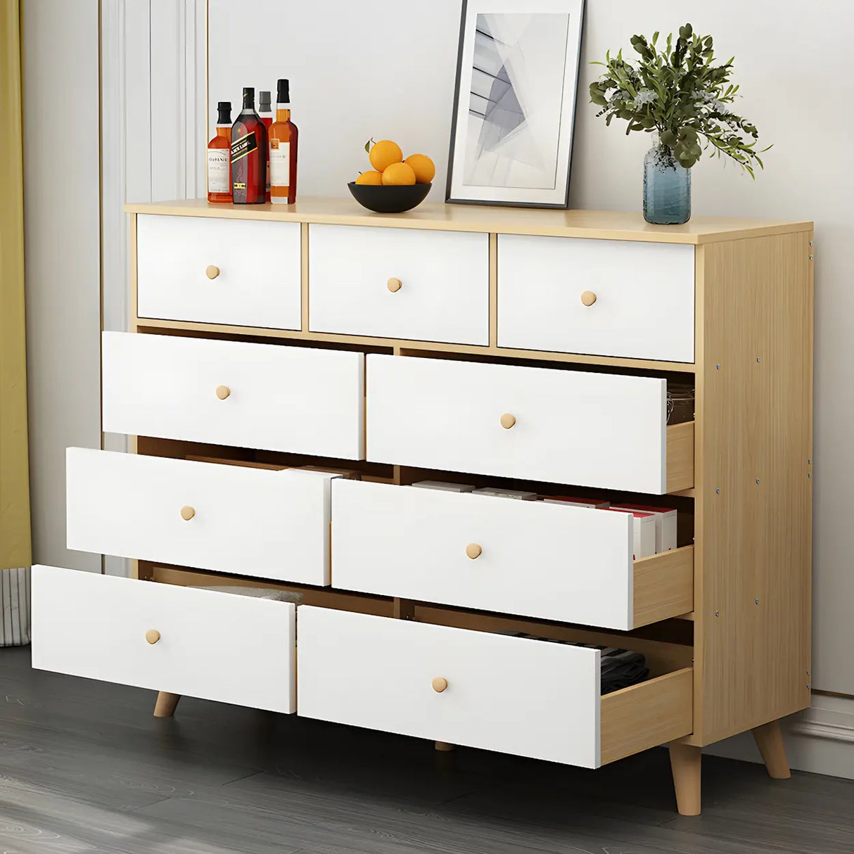 Natural Finish Wood Dresser for Nine Drawers Image - 5