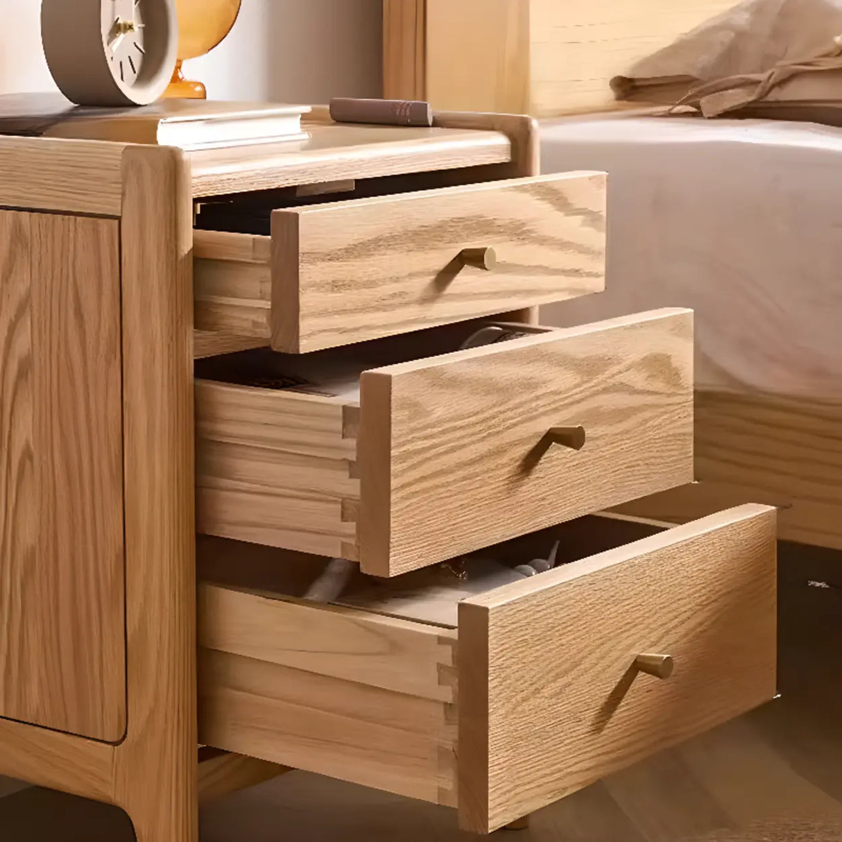 Natural Finish Wood Kids Nightstand with Three Drawers Image - 5