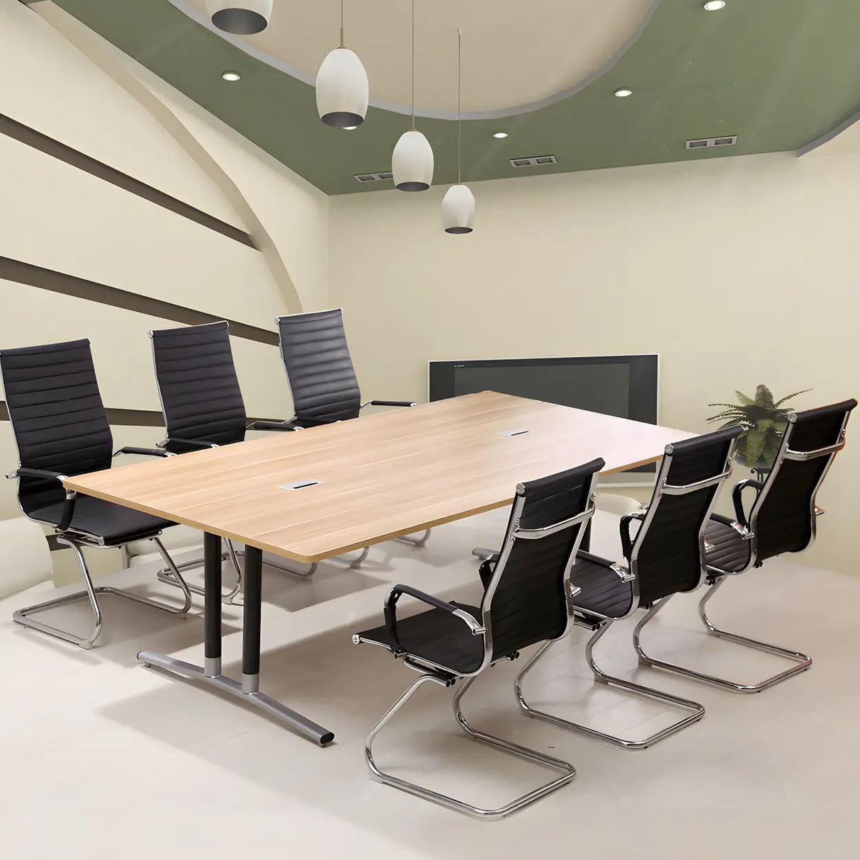Natural Finish Wood Rectangle T-Shape Conference Desk Image - 1