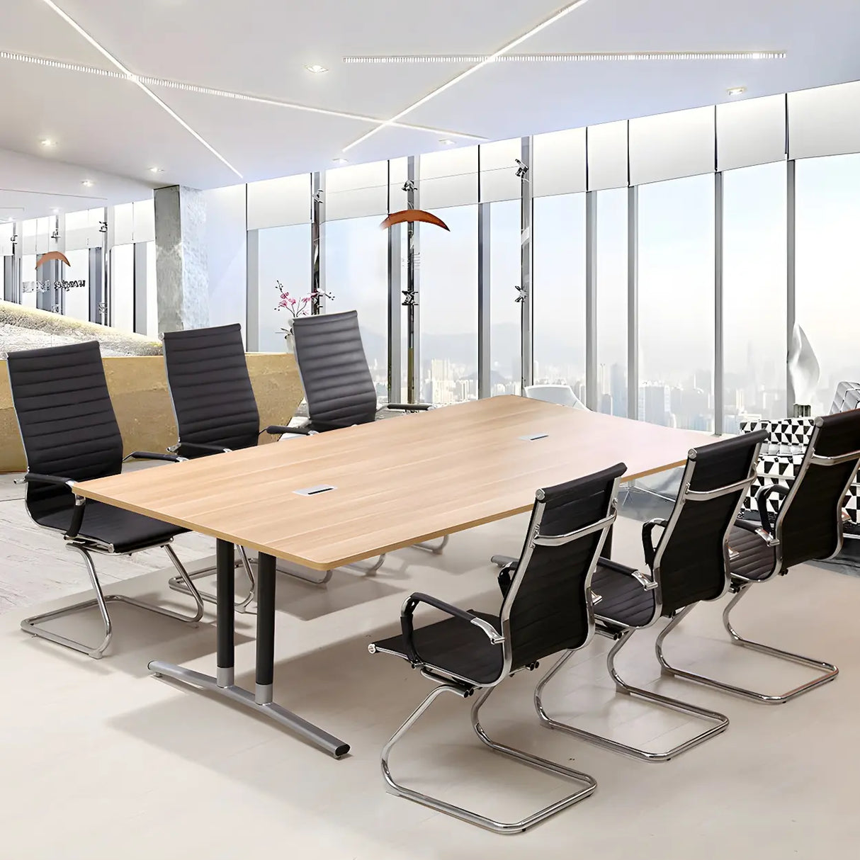 Natural Finish Wood Rectangle T-Shape Conference Desk Image - 2