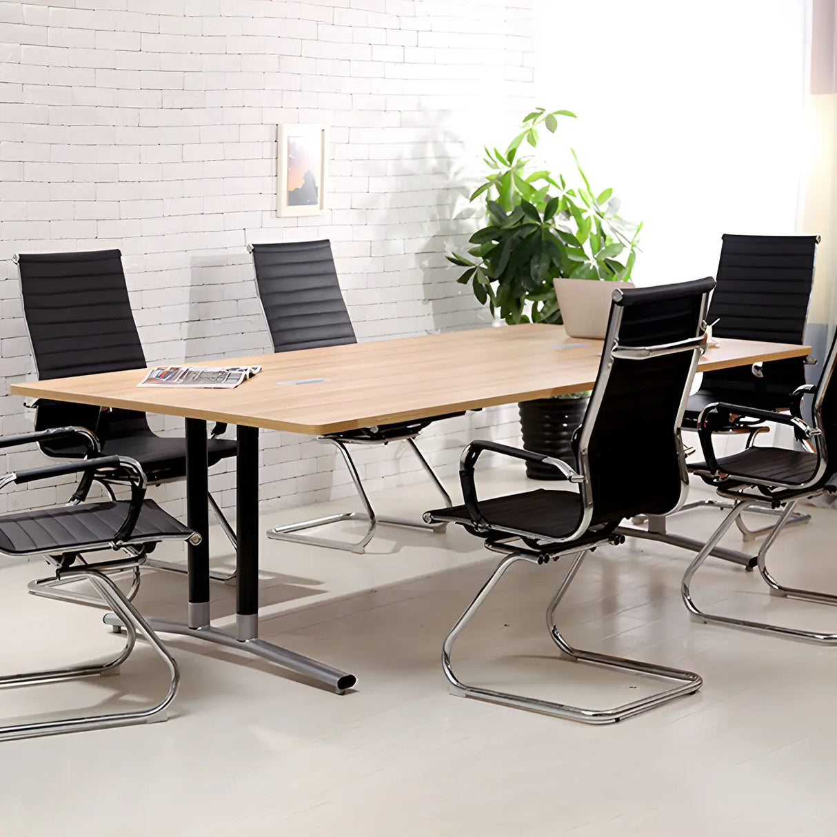 Natural Finish Wood Rectangle T-Shape Conference Desk Image - 3
