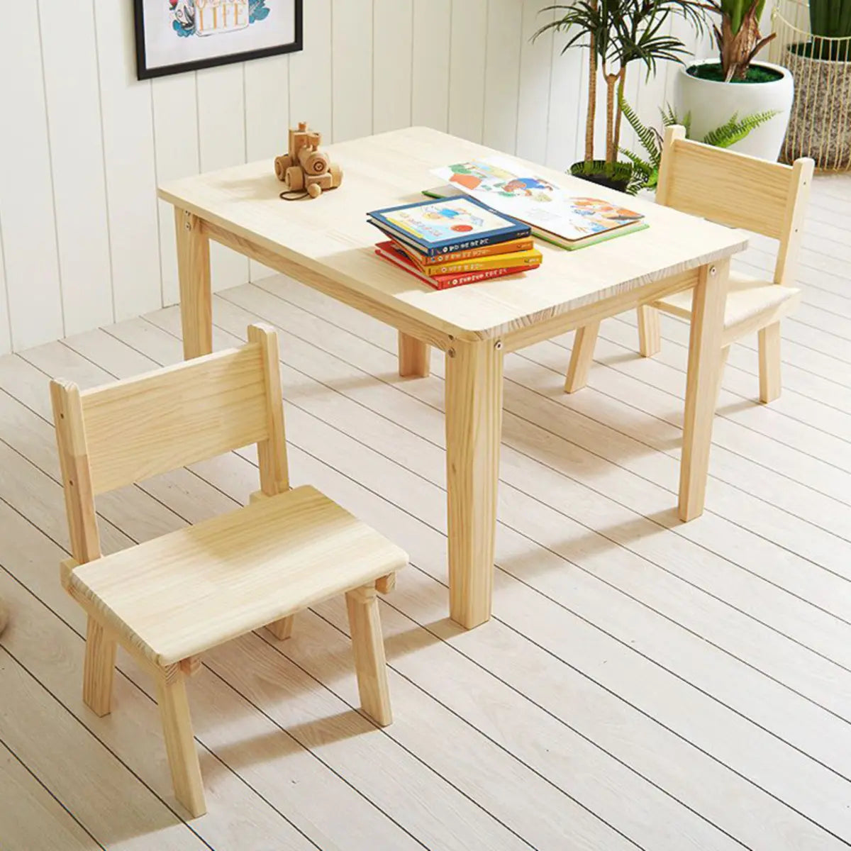 Natural Finish Wood Rectangle Toddler Table Chair Set Image - 1