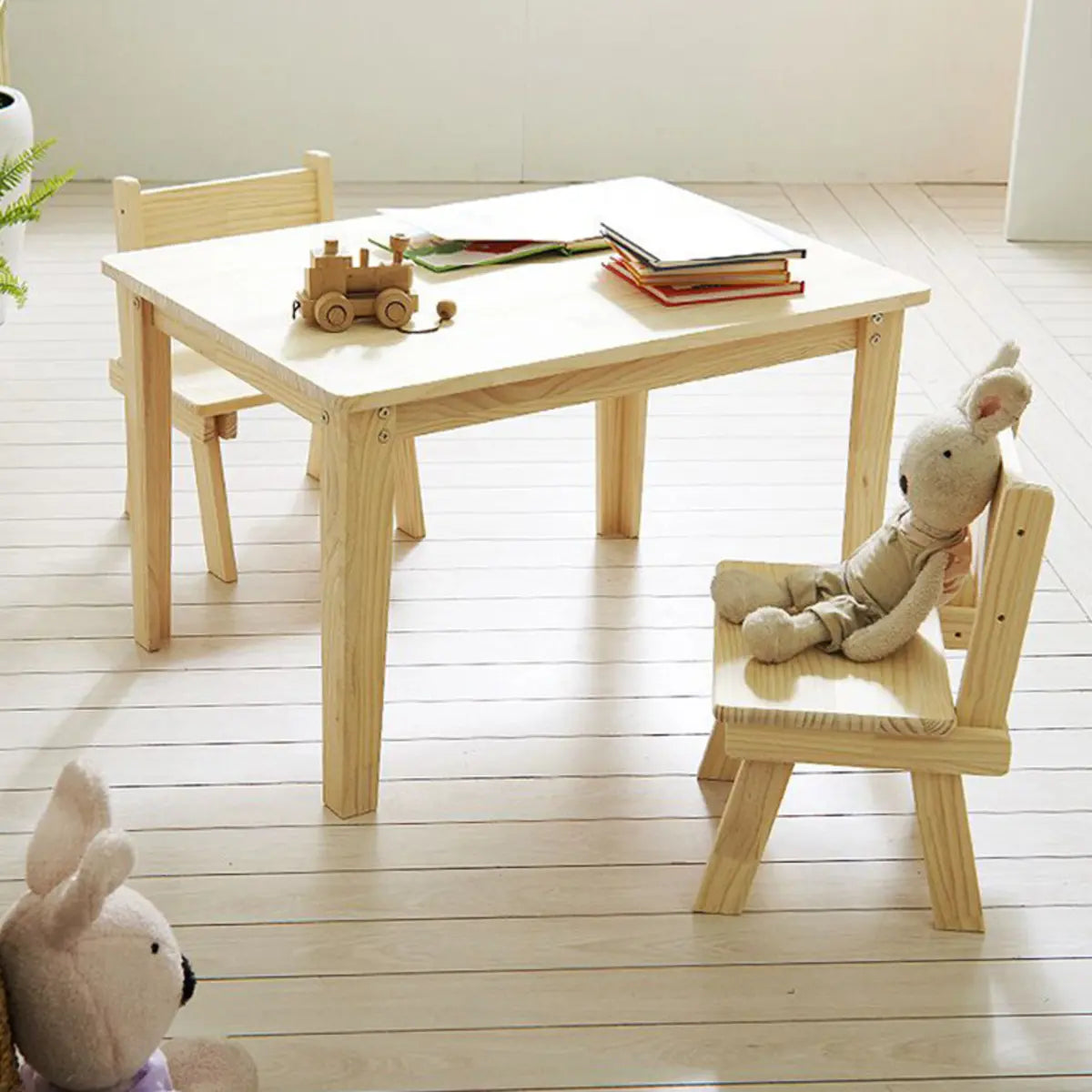 Natural Finish Wood Rectangle Toddler Table Chair Set Image - 3