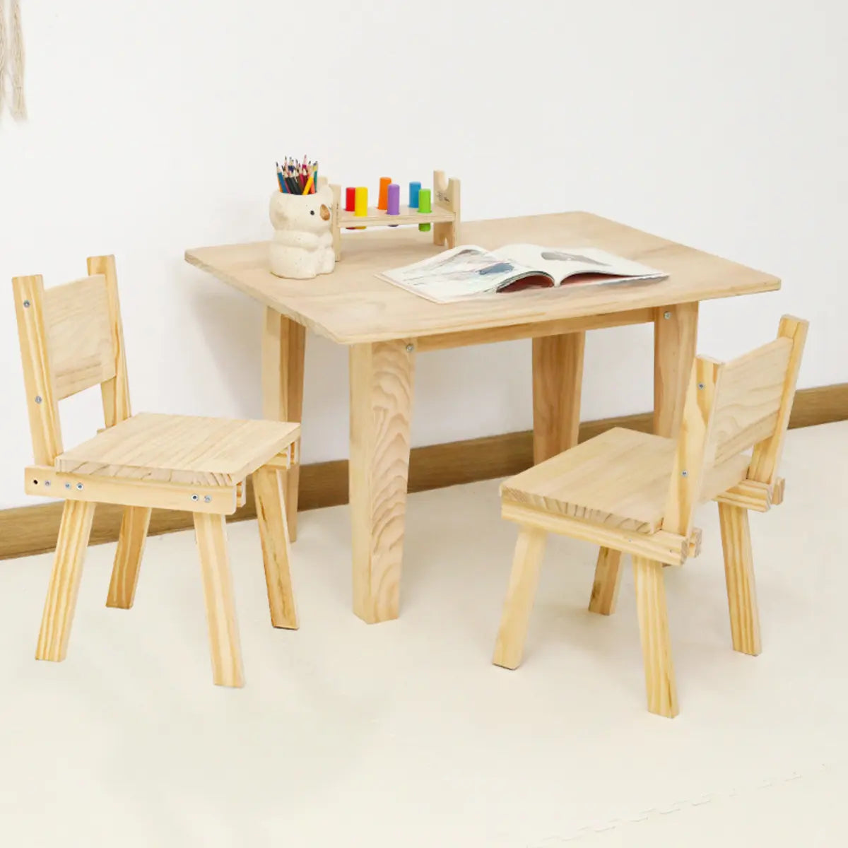 Natural Finish Wood Rectangle Toddler Table Chair Set Image - 6