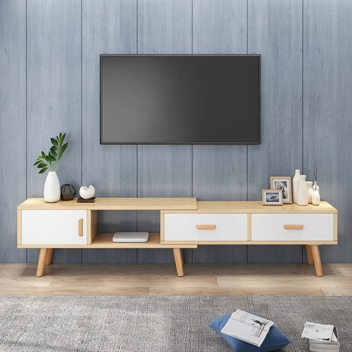 Natural Finish Wood Rectangle Two Drawers TV Stand Image - 4