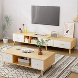 Natural Finish Wood Rectangle Two Drawers TV Stand Image - 6