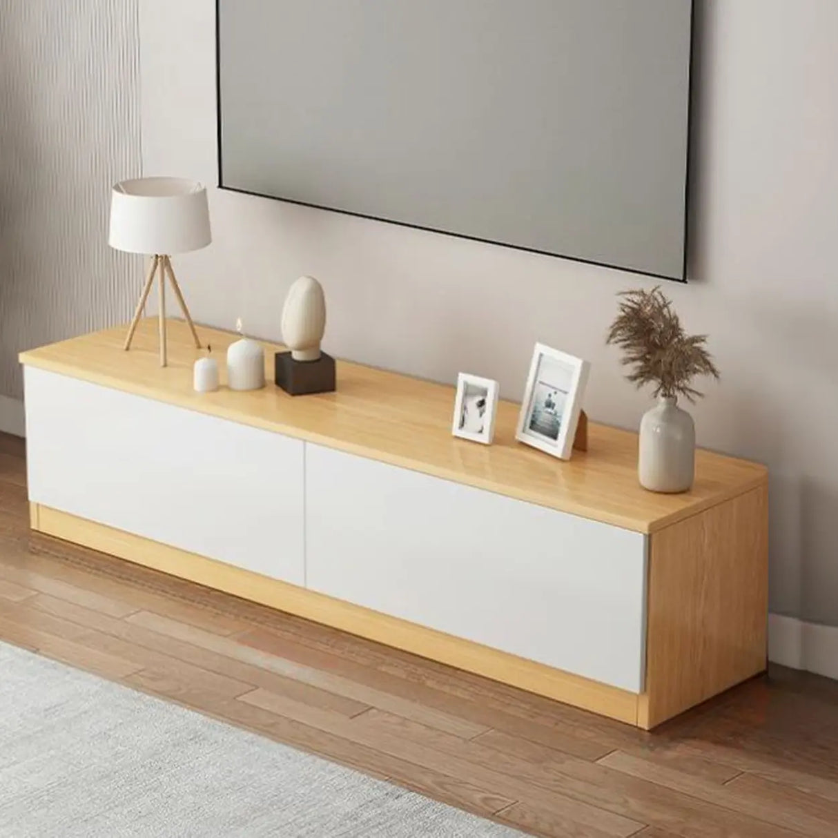 Natural Finish Wood Rectangle Two Drawers TV Stand Image - 7