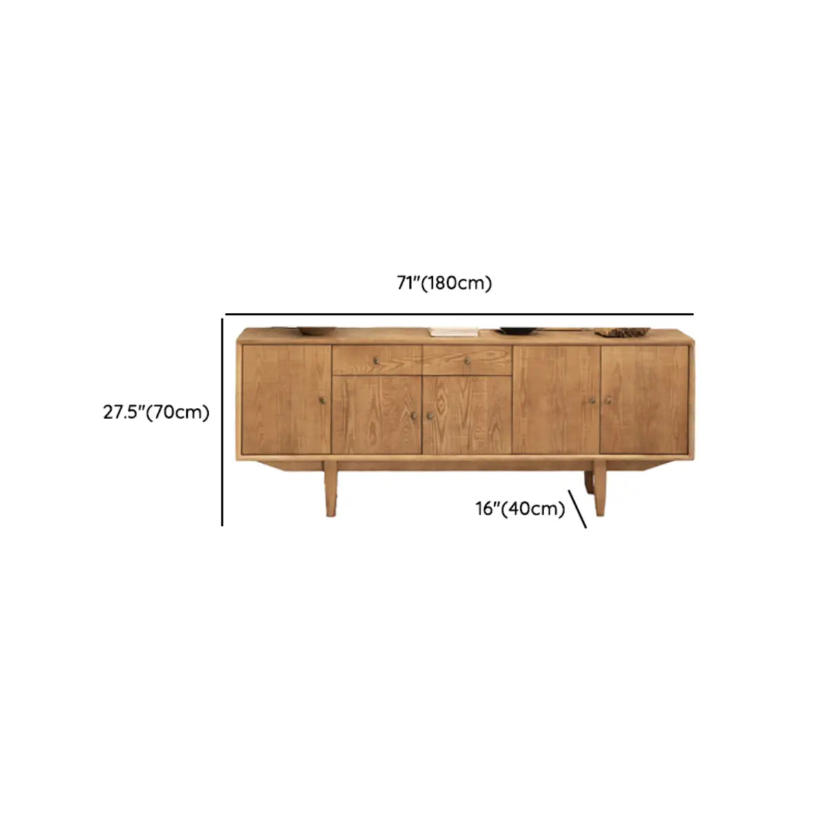 Natural Finish Wood Shelves Drawers Long TV Stand 