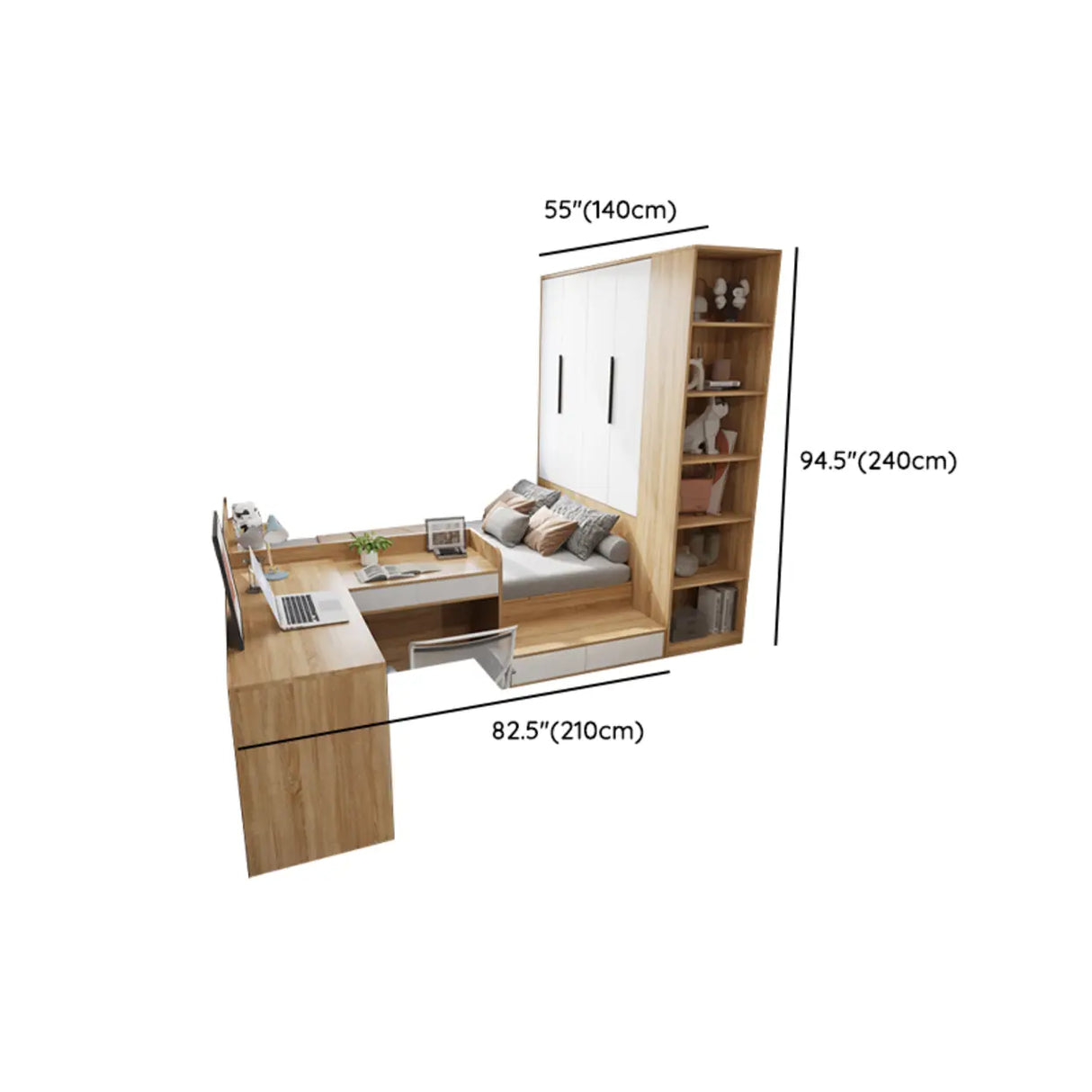 Natural Finish Wood Storage Bed with Stair and Desk 