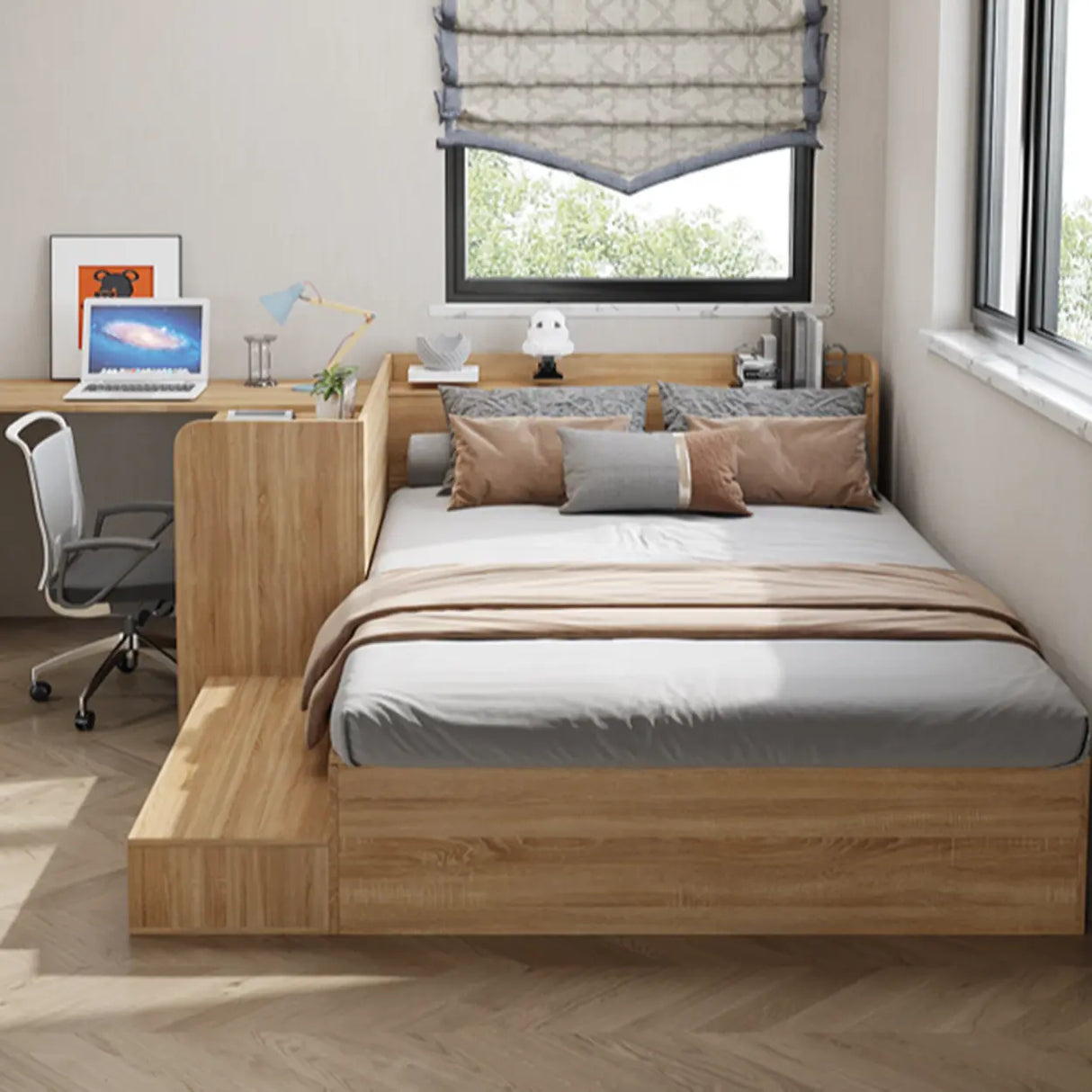 Natural Finish Wood Storage Bed with Stair and Desk Image - 1