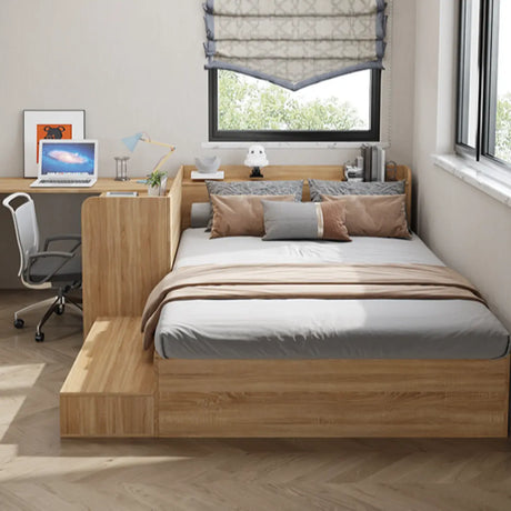 Natural Finish Wood Storage Bed with Stair and Desk Image - 1