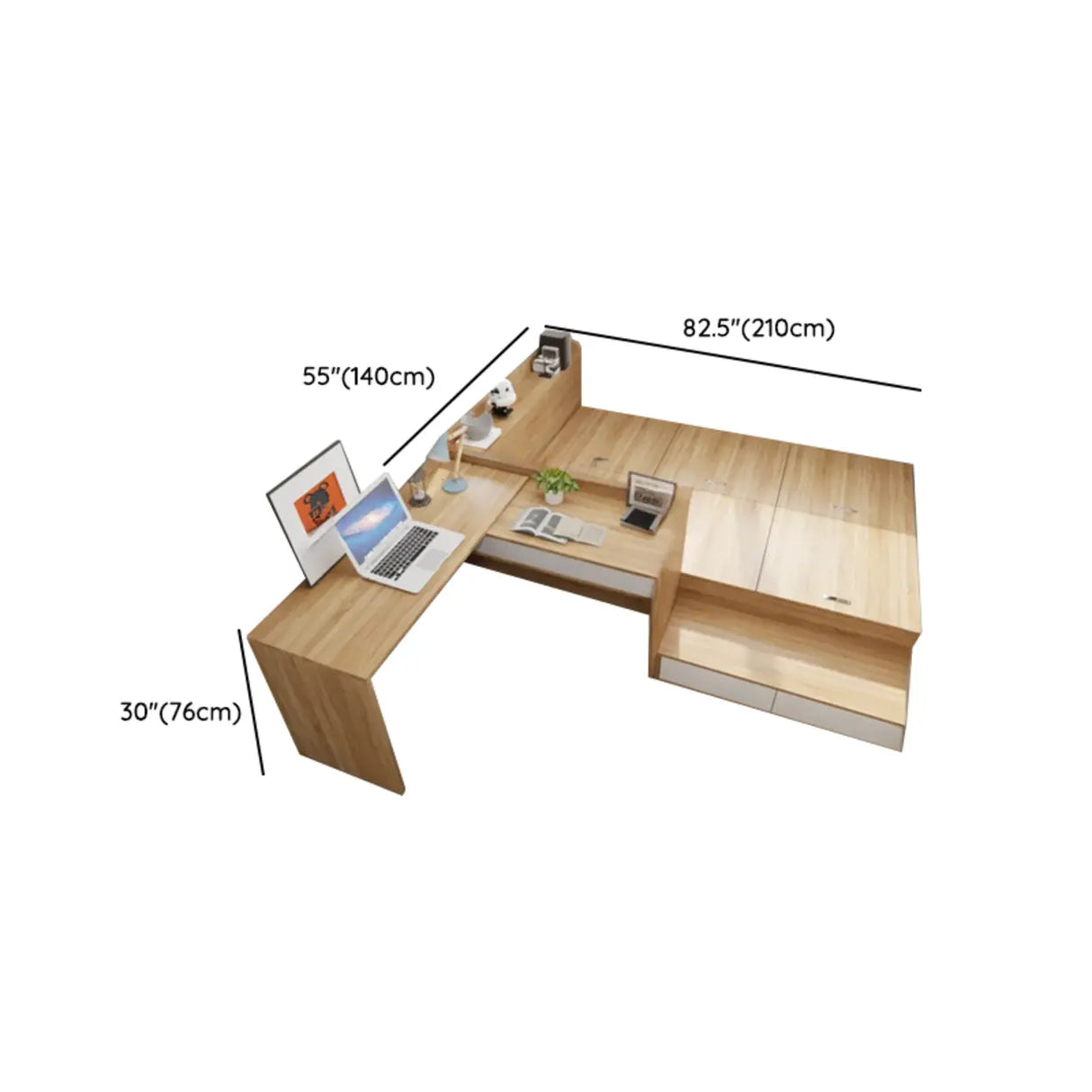 Natural Finish Wood Storage Bed with Stair and Desk Image - 22