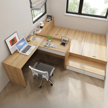 Natural Finish Wood Storage Bed with Stair and Desk Image - 2