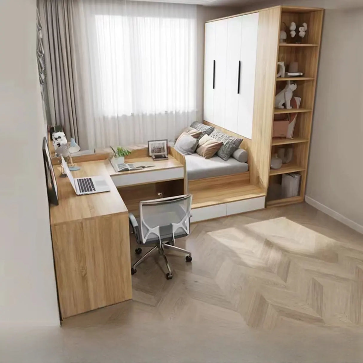 Natural Finish Wood Storage Bed with Stair and Desk Image - 3