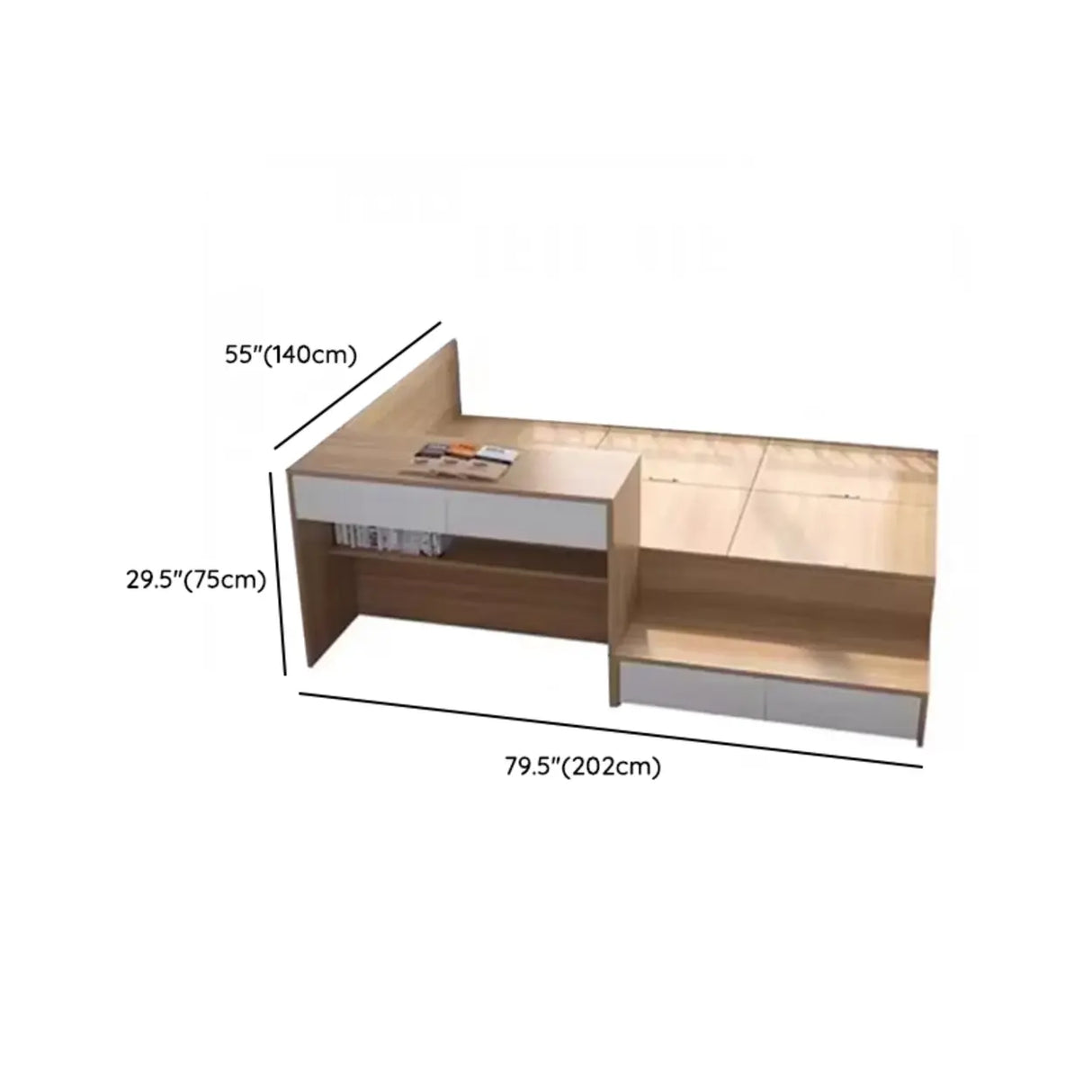 Natural Finish Wood Storage Bed with Stair and Desk Image - 43