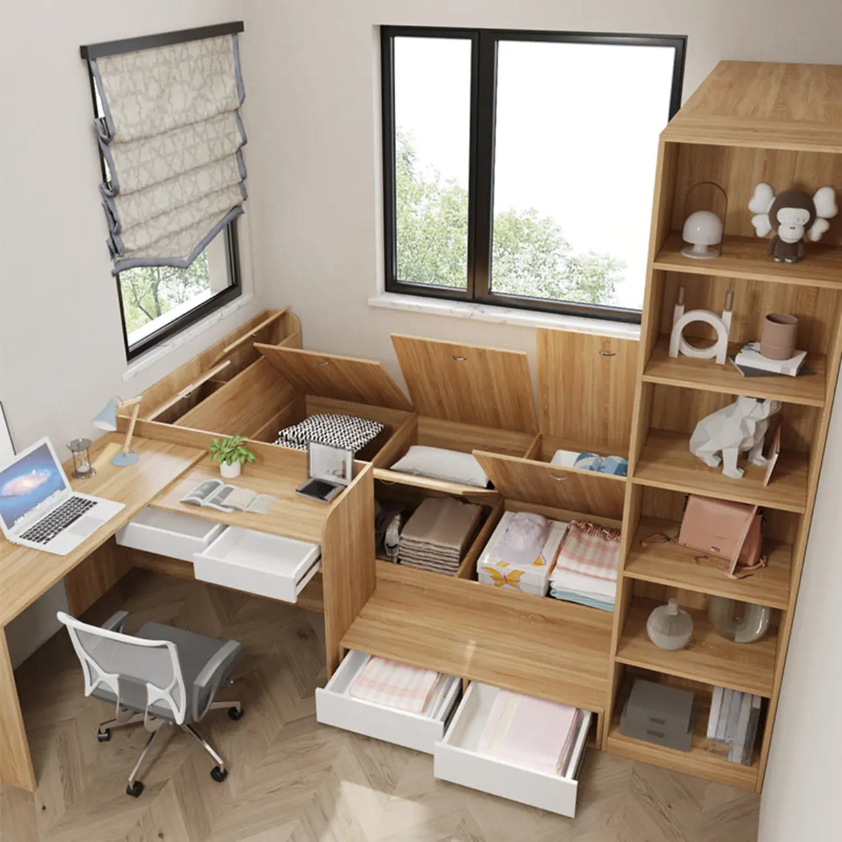 Natural Finish Wood Storage Bed with Stair and Desk Image - 4