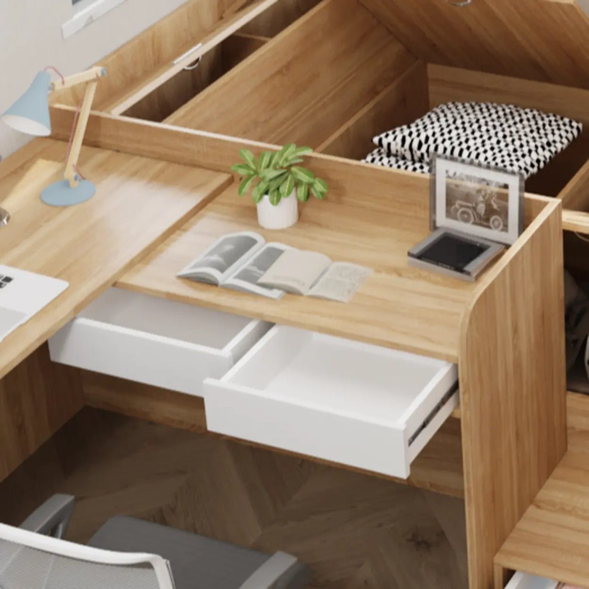 Natural Finish Wood Storage Bed with Stair and Desk Image - 5