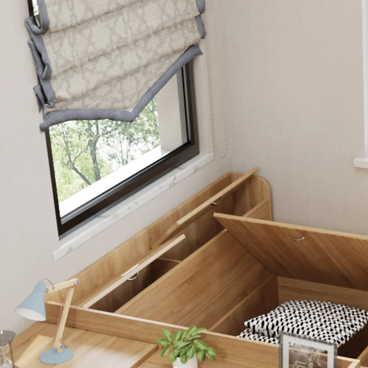 Natural Finish Wood Storage Bed with Stair and Desk Image - 6