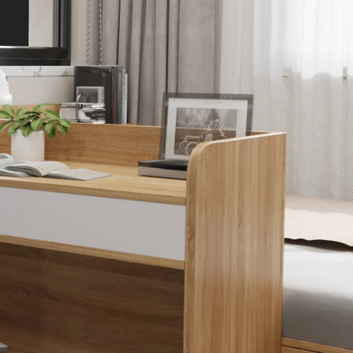 Natural Finish Wood Storage Bed with Stair and Desk Image - 7