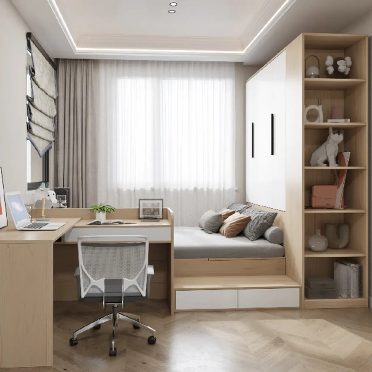 Natural Finish Wood Storage Bed with Stair and Desk Image - 8