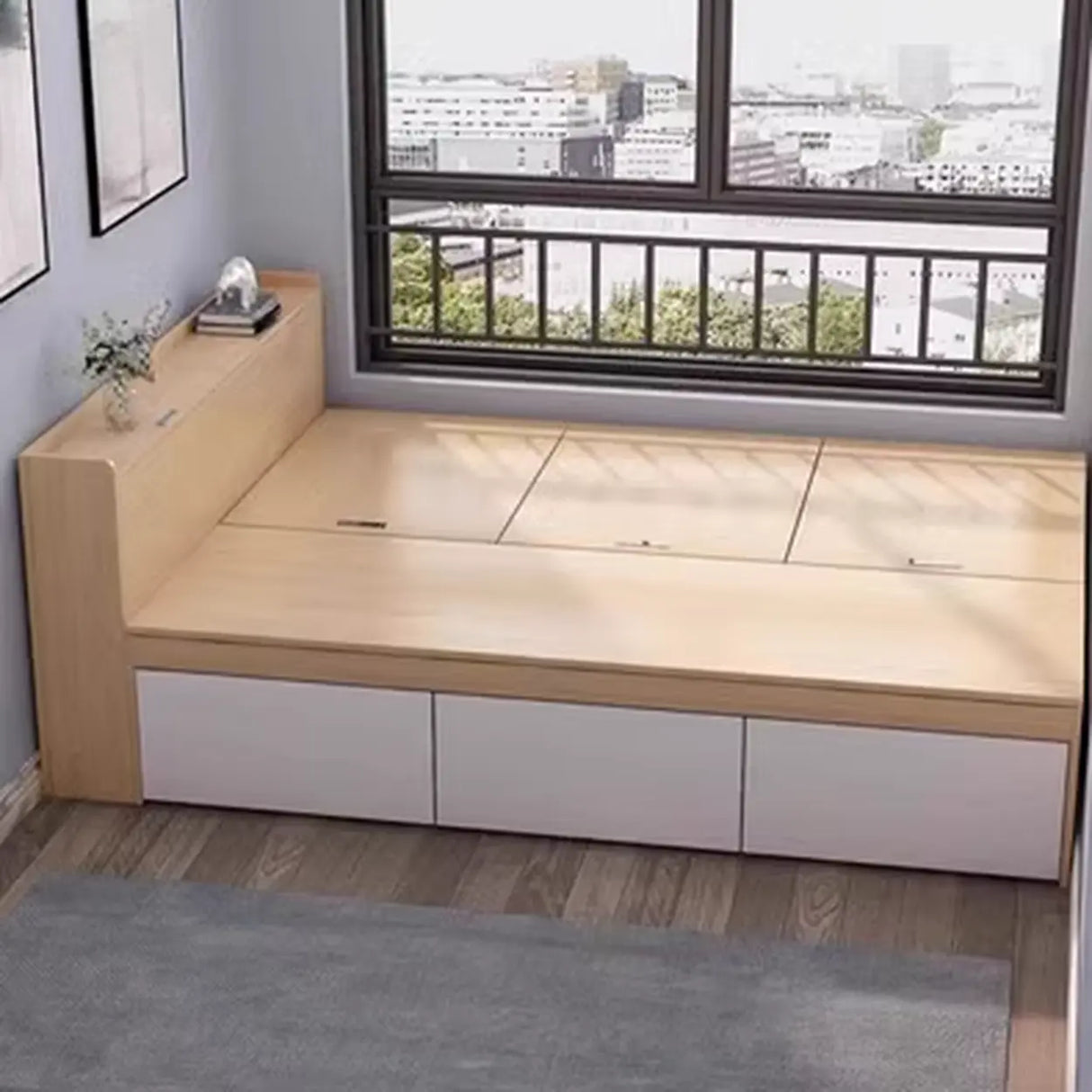Natural Finish Wood Storage Bed with Stair and Desk Image - 9