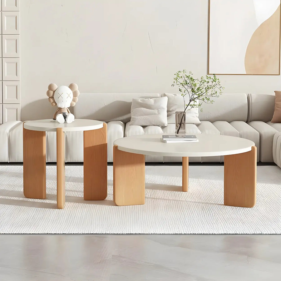 Natural finish three-leg round manufactured wood coffee table set