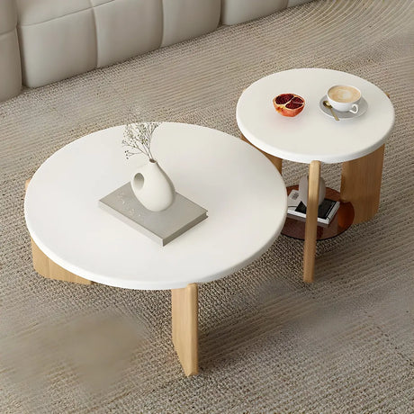 Natural Finish Wood Three-Leg Round Coffee Table Set Image - 3