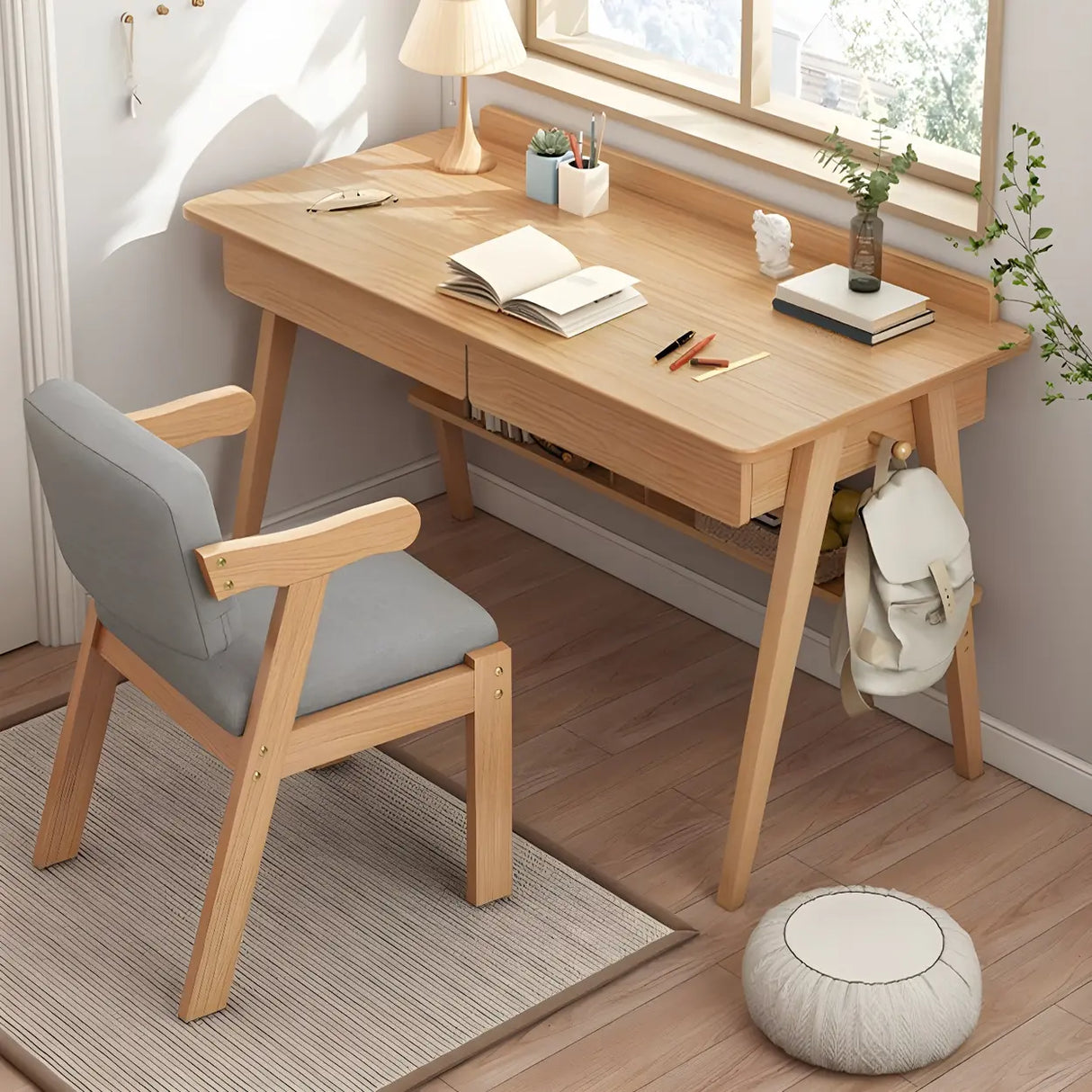Natural Finish Wood Trestle Writing Desk with 2 Drawers Image - 1