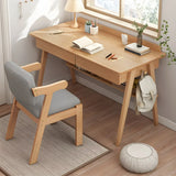 Natural Finish Wood Trestle Writing Desk with 2 Drawers Image - 1