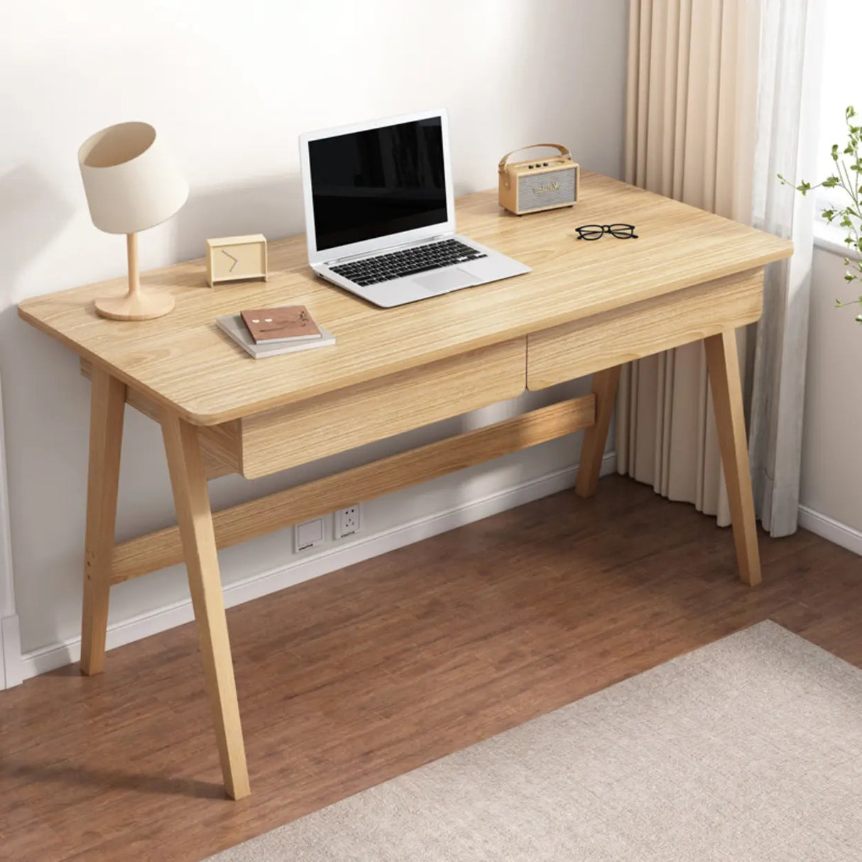 Natural Finish Wood Trestle Writing Desk with 2 Drawers Image - 11